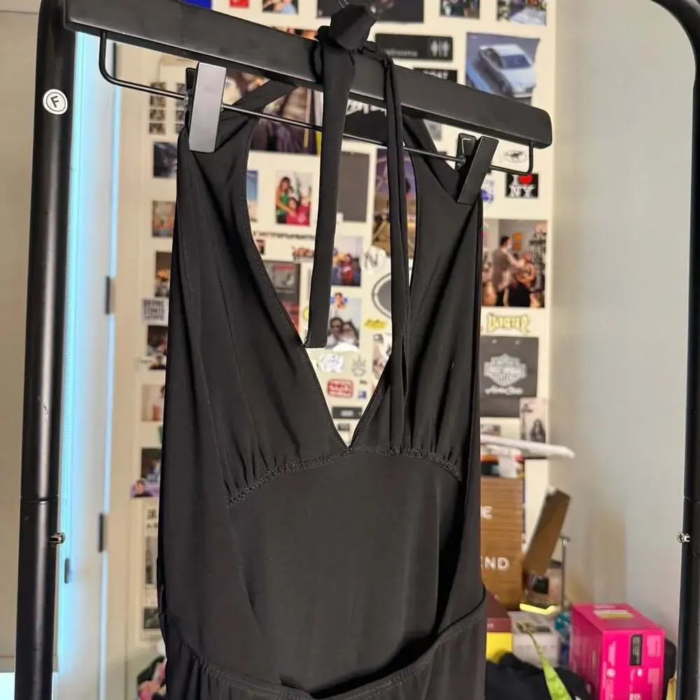 Vintage Black Halter Dress Pleated Maxi V-Neck S